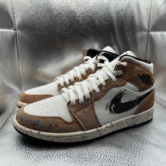 Size 10 Air Jordan 1 SE Mid Mens Black White Brushstroke Paint Shoes‎ DA8005-100 - Picture 6 of 12